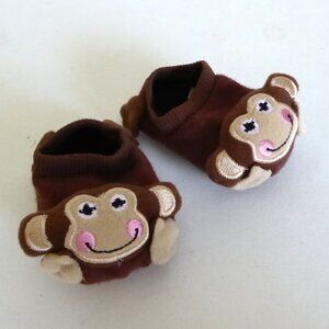BABY KNIT SOCKS BOOTIES EMBROIDERED SMILING MONKEY FACE & BODY (NEW) SIZE: 0-3M